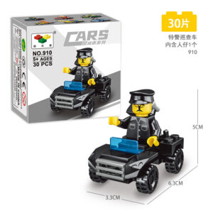 Black SWAT police car building block set with officer minifigure, 30 pieces, LEGO-compatible toy No. 910