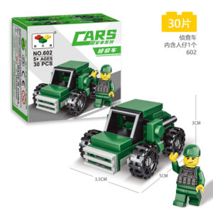 Green military scout car tactical building blocks with soldier minifigure, 30 piece LEGO-compatible toy