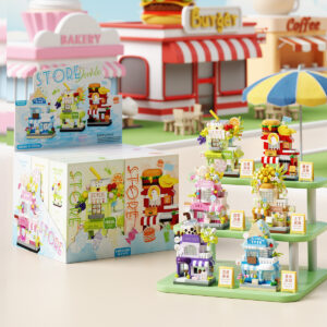 MEKANSM Mini Street View building blocks featuring DIY toy juice shop, burger house, and candy store miniatures.
