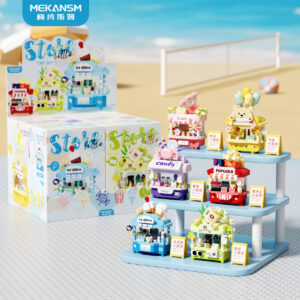 MEKANSM Mini Street View building blocks set with 6 miniature shop models including ice cream, coffee, and popcorn carts