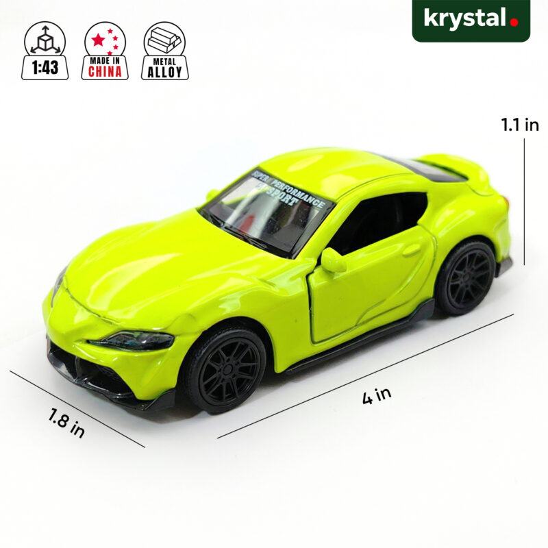 1:43 scale lime green Toyota GR Supra diecast model car with metal alloy body and GT Sport decals
