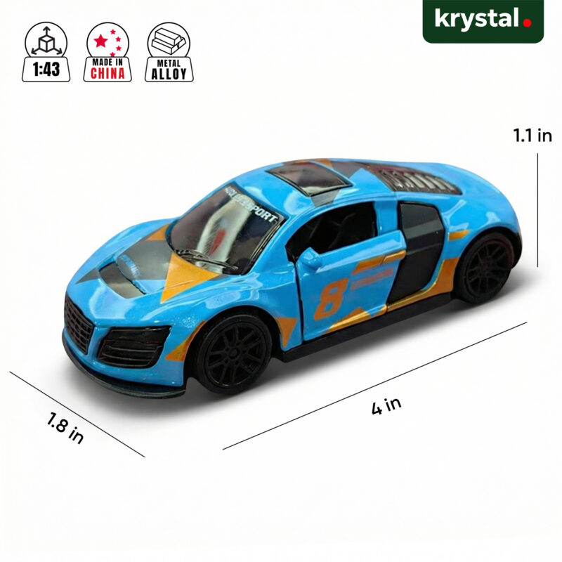 1:43 scale blue Audi R8 diecast model car with alloy body and GT Sport racing decals