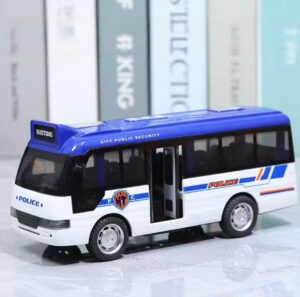 Blue and white Haotong friction-powered police bus toy with opening doors, LED lights, and siren sounds for kids