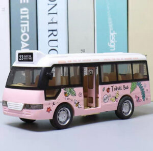 Pink friction-powered travel bus toy for kids with opening doors and butterfly decals