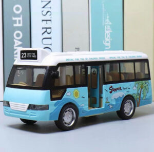 Friction-powered summer city bus toy with opening doors and palm tree decals for kids interactive play