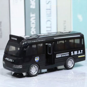 Friction-powered black SWAT police toy bus with opening doors, LED lights, and siren sounds for kids