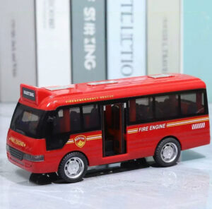 Red Haotong fire engine city bus toy, friction powered with LED lights, siren sounds, and opening doors