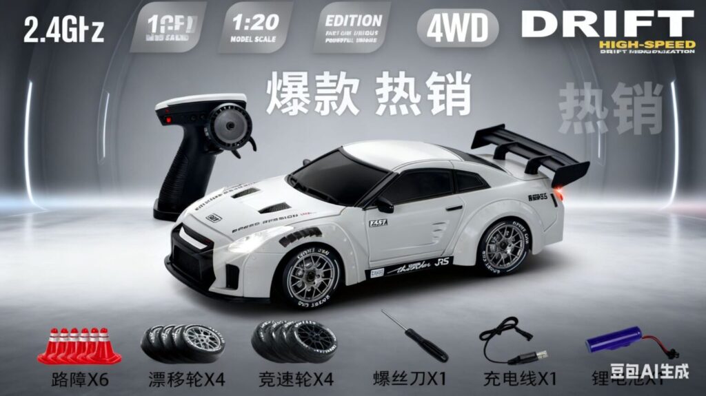 Grey 1:20 Nissan GT-R R35 4WD RC drift car with 2.4GHz remote, LED lights, and interchangeable tires