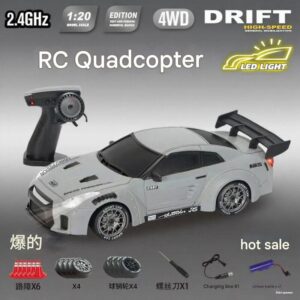 Grey 1:20 Nissan GT-R R35 4WD RC drift car with 2.4GHz remote, LED lights, and interchangeable tires