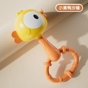 Yellow duck cartoon sand hammer toy and baby rattle with easy-grip ring handle
