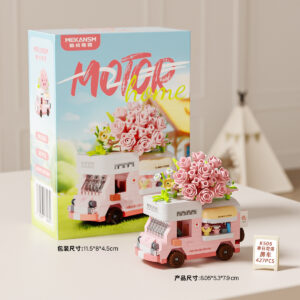 Pink camper van building toy with oversized floral bouquet topper and rolling wheels