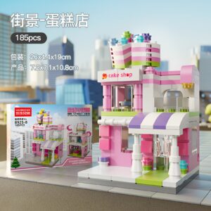 Lele Brother Mini Street View Cake Shop building blocks, 185 piece pink DIY storefront architecture toy