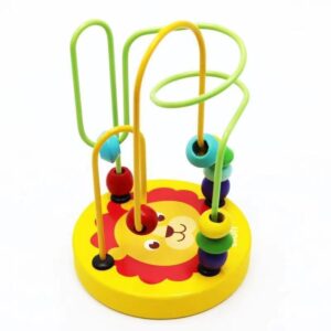 Lion wooden bead maze toy with colorful wires for toddler fine motor skill development