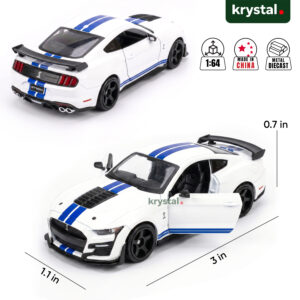 Bburago 1:64 scale 2020 Ford Mustang Shelby GT500 diecast car in white with blue stripes and openable doors